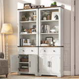 Vabches Farmhouse Bookshelf with Storage Cabinet, 70" Tall Bookcase with Adjustable Shelves and Drawers, 3 Tier Wood Display Storage Cabinet with Doors for Home Office, Living Room, Rustic White Vabches
