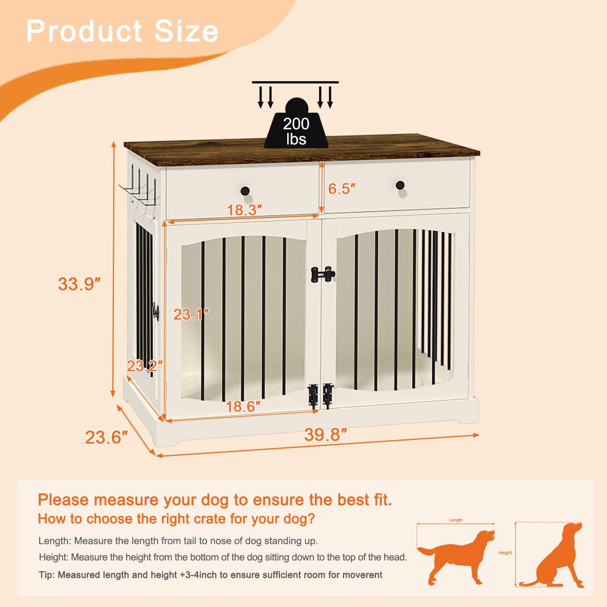 BREEZEHEAT 40 inch Dog Crate Furniture-Farmhouse Dog Kennel with Drawers-End Table Wooden Pet Crate, Double Door Design, Decorative Dog House Indoor for Small Medium Large Dog, White BREEZEHEAT