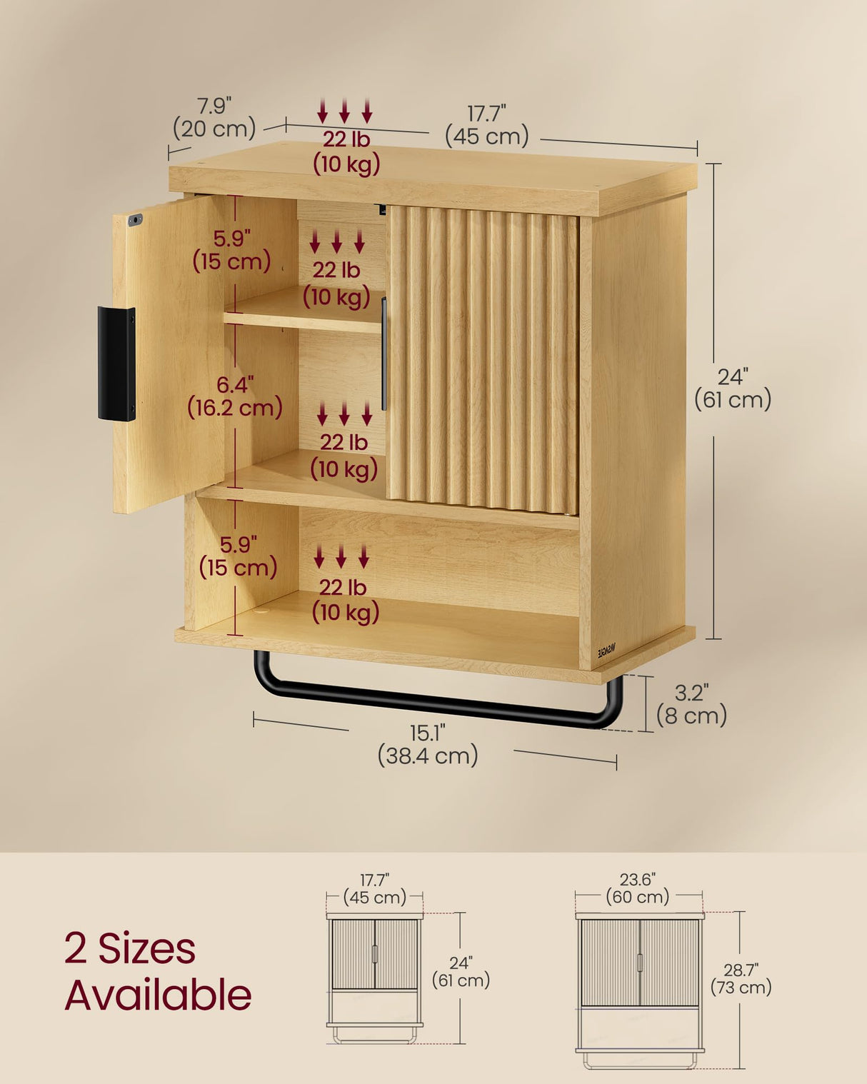 VASAGLE MAXE Collection - Bathroom Cabinet Wall Mounted, Over Toilet Hanging Cabinet with Adjustable Shelf, Towel Bar, Fluted Doors, 7.9 x 17.7 x 24 Inches, Transitional, Oak Beige UBBK137Y01S VASAGLE