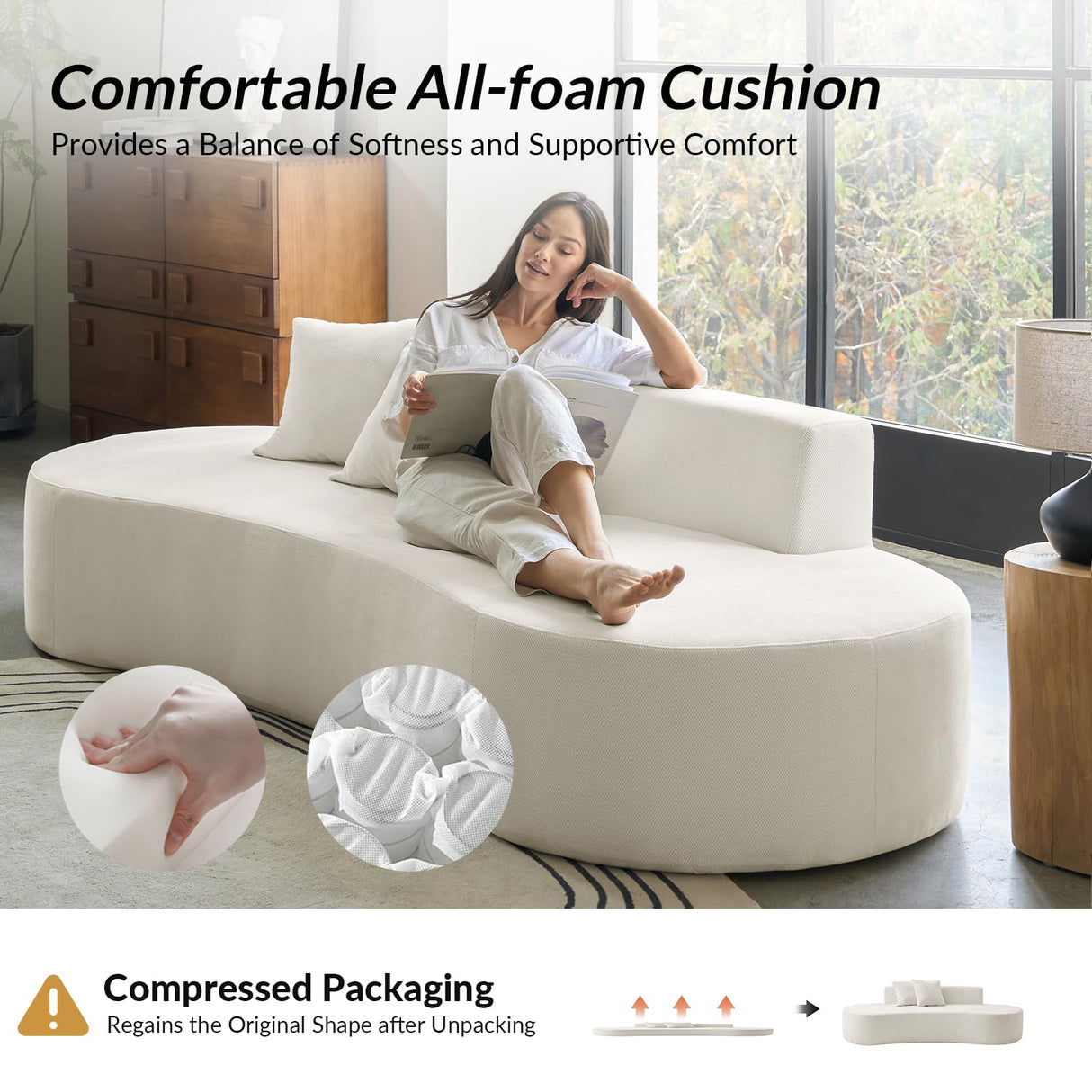 The support you need Curved Sofa Couch All Foam Design Frameless, no Assembly Required Female Leader Style Comfy Cloud Couch. Ivory The support you need