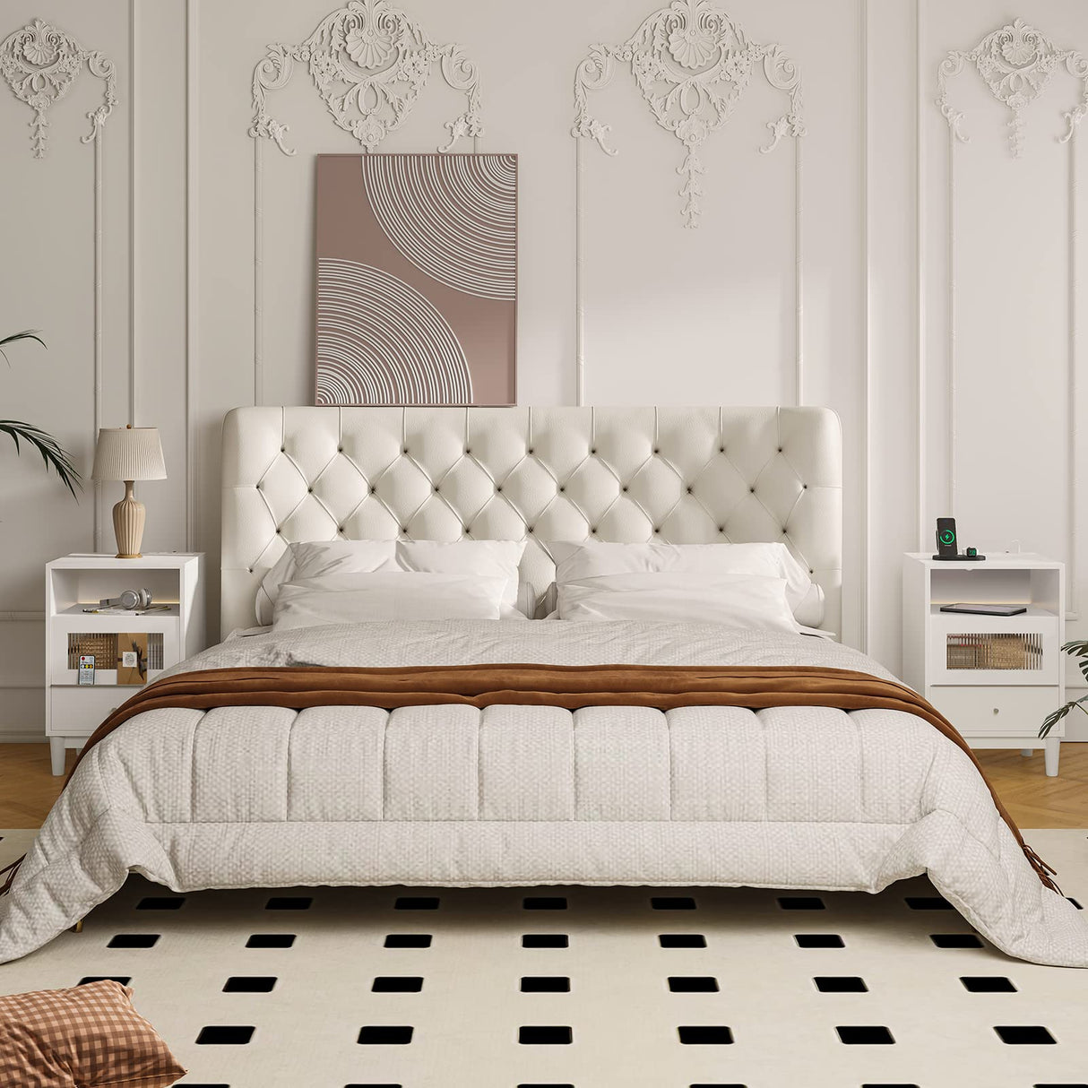 Saudism White Nightstand with Charging Station, End Table with Glass Drawers, Night Stand with LED Lights, Wood Bedside Tables for Bedroom, 15.7”×13.7”×23.8” Saudism