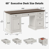 Sunny Heart 60" Executive Desk, Farmhouse Wood Computer Office Desk with Drawers & Cabinet, Rustic Home Office Desk Workstation for Home, Study, Work, Writing, Antique White Sunny Heart
