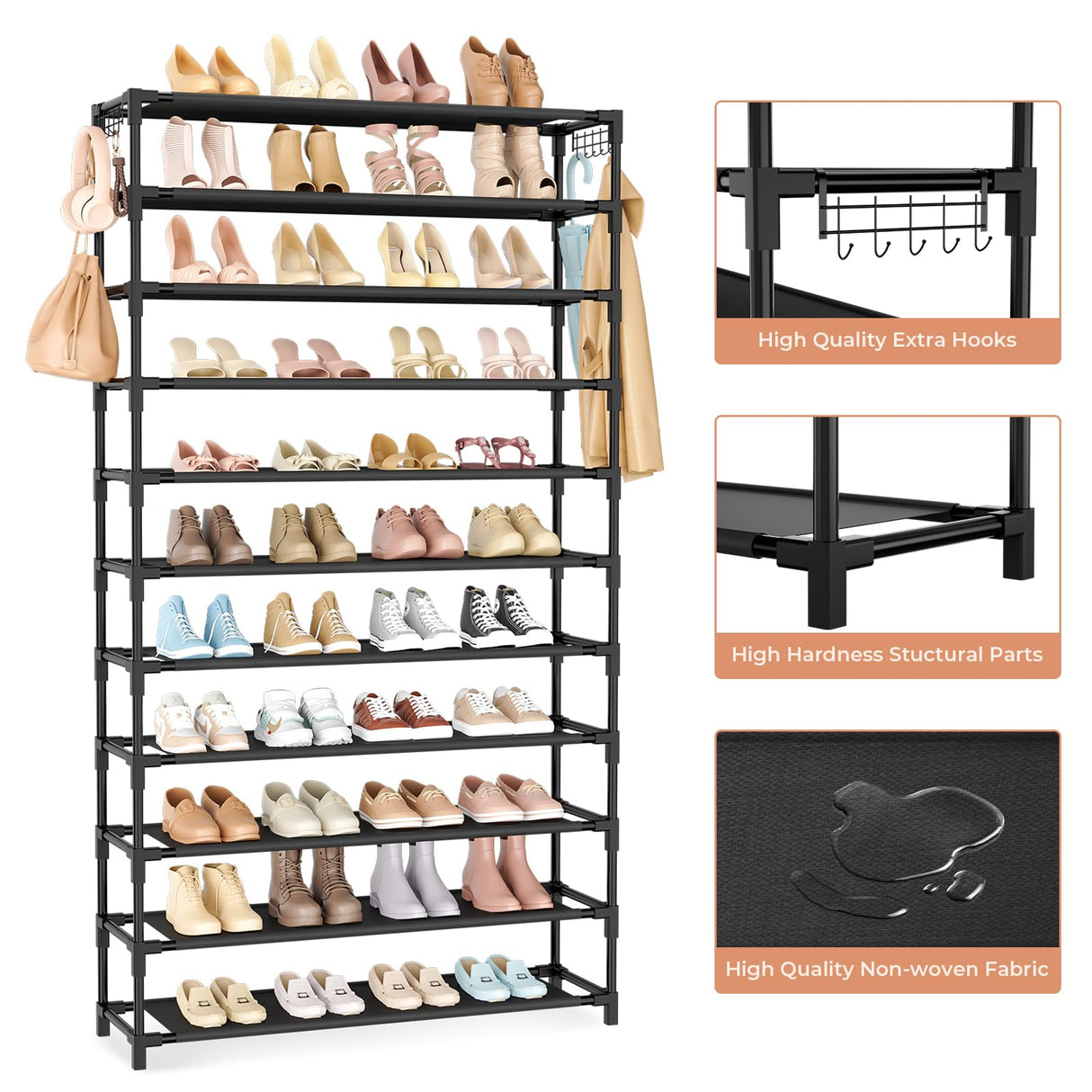 VILICK 11 Tiers Tall Wide Shoe Rack 55 Pairs Large Capacity Sturdy Durable Shoe Rack for Closet Metal Shoe Organizer Shelf with Two Hooks Space Saving for Entryway Black VILICK