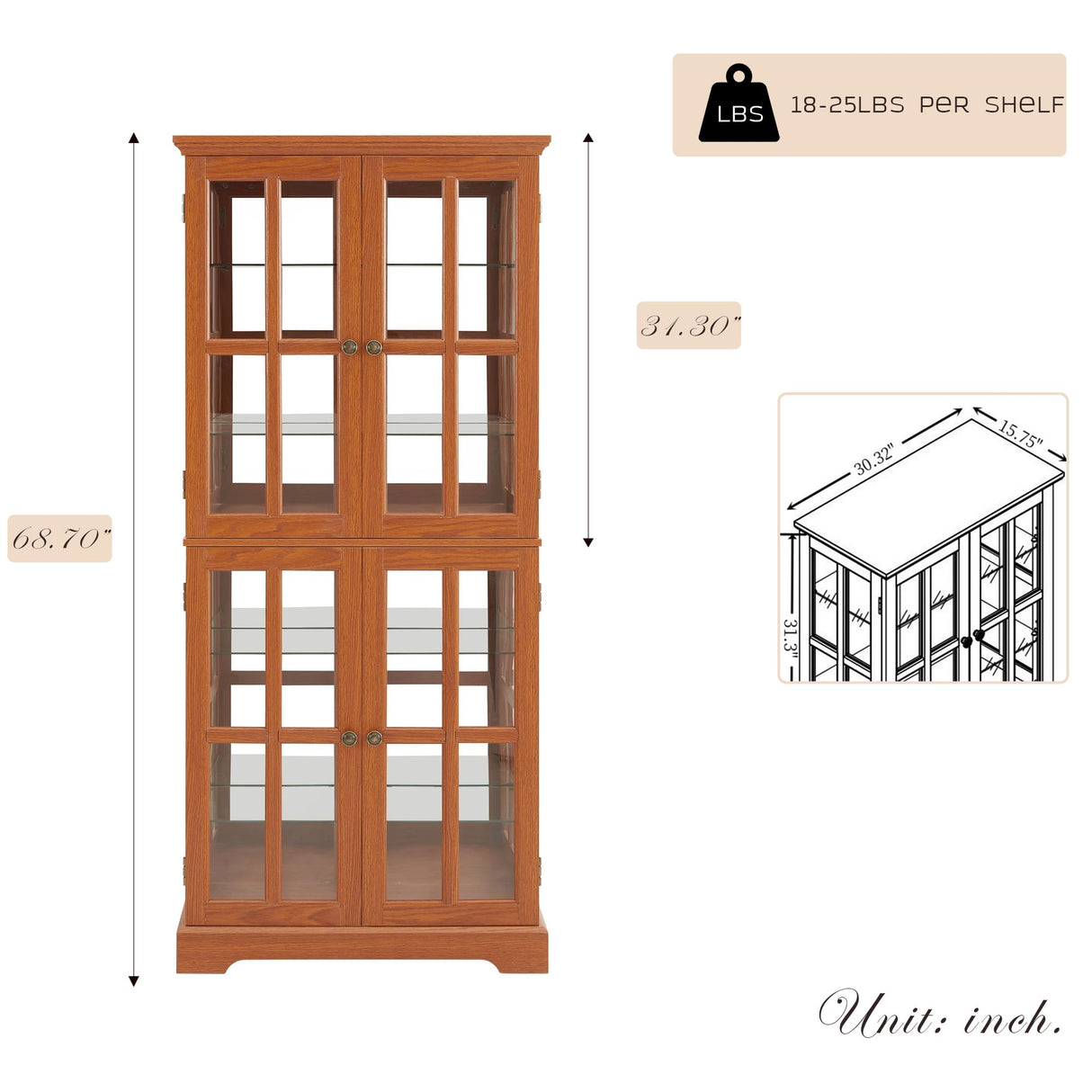Eyisean Lighted Display Curio Cabinet 69" H China Cabinet with 4 Glass Doors, 6 Shelves, Freestanding Glass Display Cage Wine Cabinet Storage Rack for Bar and Liquor Storage (Dark Oak) Eyisean