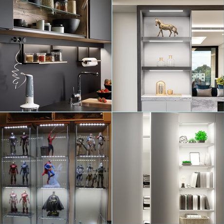 JUSJUBR 4-Pack Cold White Display Shelf Lights, Under Shelf Lighting with Memory Function, 12 Inch 6000K Plug-in Bookshelf Lighting, LED Cabinet Lights for Display Case/Pantry/Closet/Safe JUSJUBR