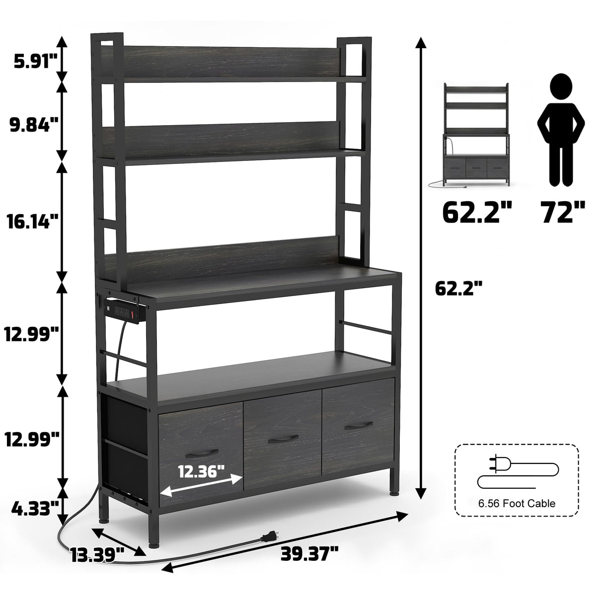 NAIYUFA Kitchen Bakers Rack with Power Outlet,5-Tier Free Standing Kitchen Storage Shelf Bakers Rack with Baskets,Industrial Microwave Oven Stand,Metal Kitchen Rack Organizer with Hooks(Black) NAIYUFA