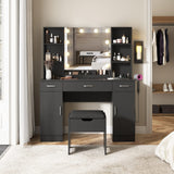 Vabches Makeup Vanity Table with Lighted Mirror & Power Strip, Large Vanity Set Vanity Desk with Lots Storage, 3 Lighting Modes, Brightness Adjustable, 45.2in(Large, Black) Vabches