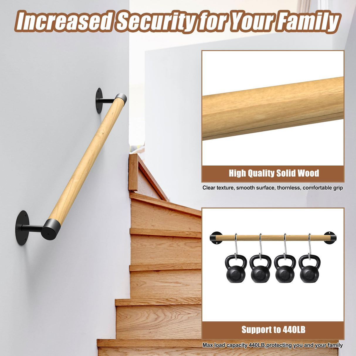 5FT Round Wooden Handrail for Indoor Staircase Handrail,Wall Mount Support Stair Railings, Non-Slip Safety Corridor,Lofts,Patio,Guardrail Wood Hand Railings for Elderly,Children,Disable People KWDOBUUS