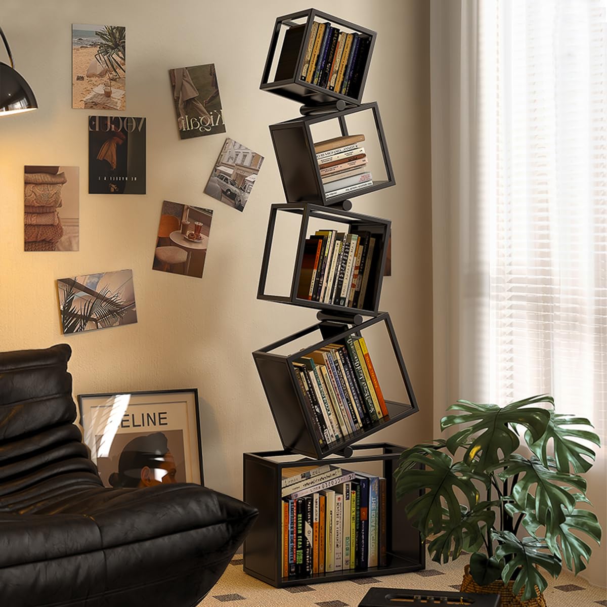 BUZUEY Geometric Bookshelf,5-Tier Unique Bookcase,72.8" Tall Black Modern Book Shelf,Corner Storage Shelves for CDs/Books/Home Decor,Vertical Bookshelf Book Tower for Living Room, Bedroom BUZUEY