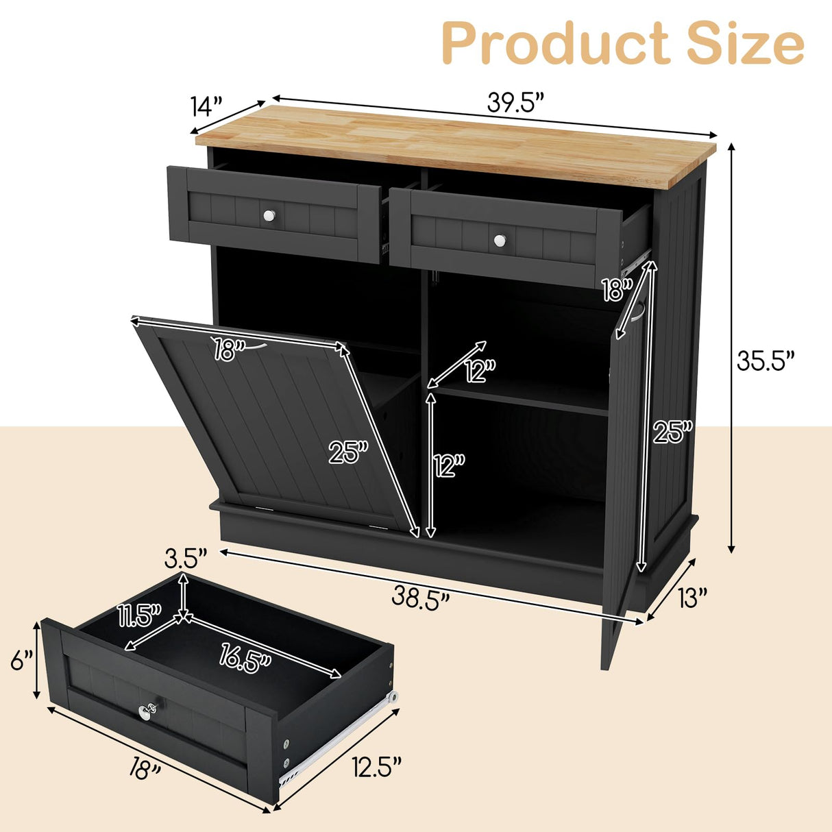 Giantex Kitchen Trash Cabinet, Kitchen Island with Tilt Out 15.5 Gallon Garbage Bin, Rubber Wood Countertop, Large Cabinet, 2 Drawers, Adjustable Shelf, Recycling Can Holder Organizer (Black) Giantex