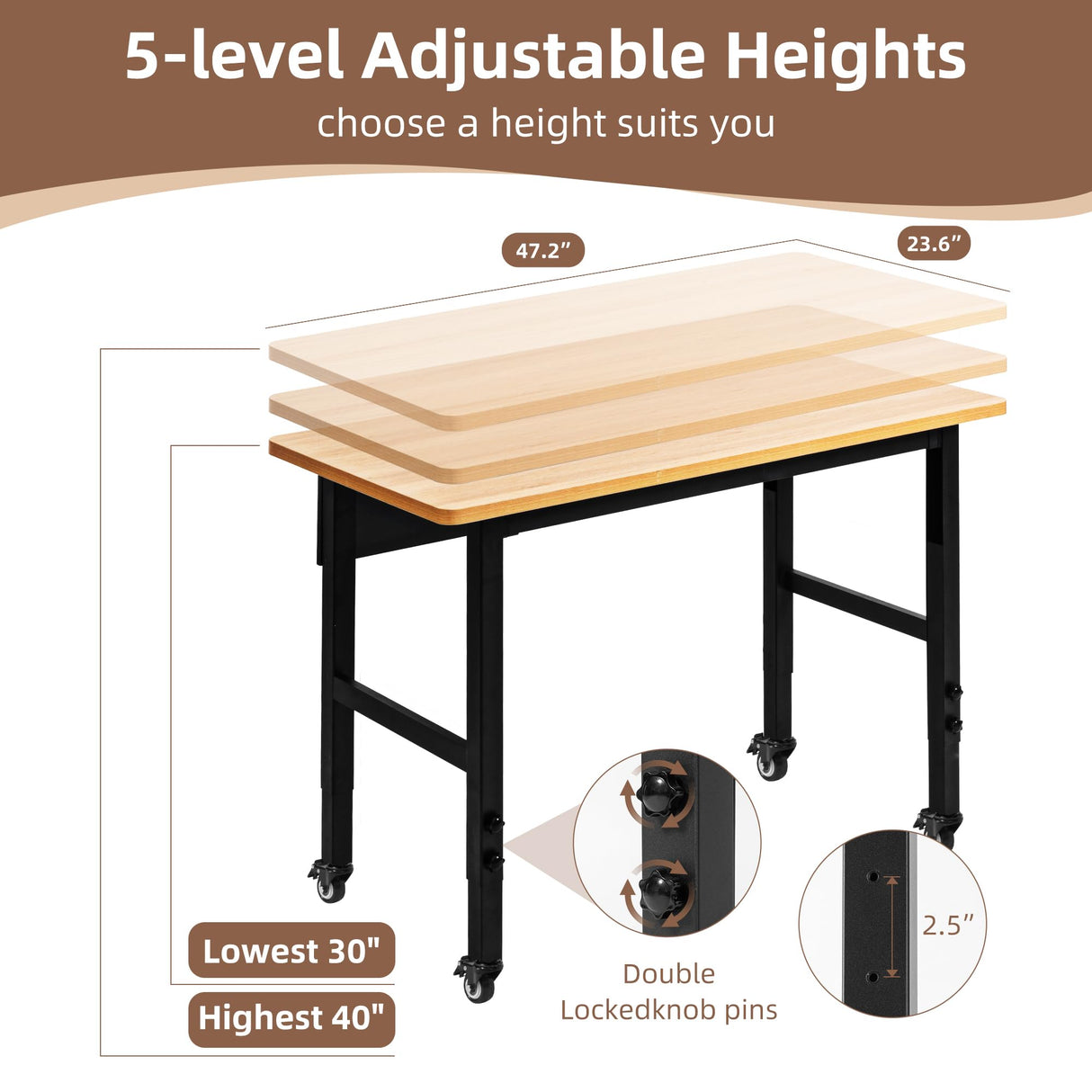 48" Adjustable Workbench with Wheels, Rolling Work Table for Garage, 2000 LBS Capacity Hardwood Work Bench, Heavy Duty Table for Workshop, Office, Garage, Home spanspace