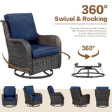 XTWEEX 7 Pieces Outdoor Patio Furniture Conversation Set Rattan Wicker with Fire Pit Table, 3 Seat Sofa, 2 Swivel Rocker Chairs, 2 Ottomans and 1 Side Table for Yard Backyard BNB (Brown/Navy Blue) XTWEEX