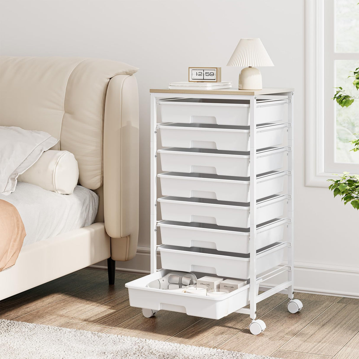 Storage Cart with 8 Drawers, Utility Cart with White Drawers and Wooden Tabletop, Craft Cart, Teacher Organization for Classroom,White TOOLF