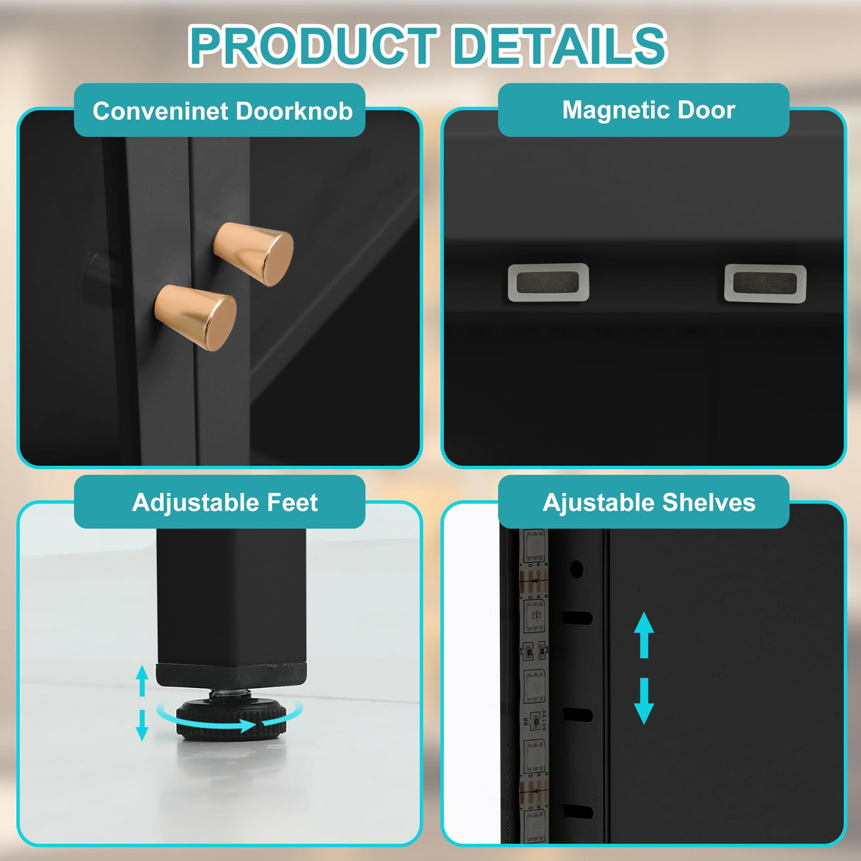 Desirable Life 5 Tier Glass Display Cabinet with 12 Color LED Lights, 67" Lighted Curio Cabinet with Glass Doors & Adjustable Shelves, Tall Metal Glass Display Case for Collectibles - Black Desirable Life