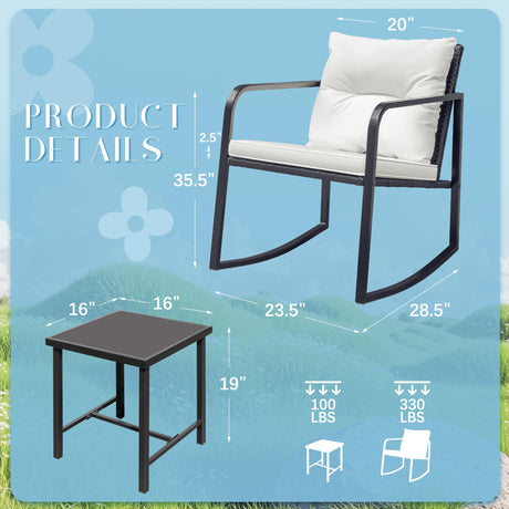 Flamaker Patio Chairs 3 Piece Wicker Rocking Chair Outdoor Bistro Sets with Coffee Table and Cushions Metal Frame Patio Furniture for Porch, Balcony, Lawn (White) Flamaker