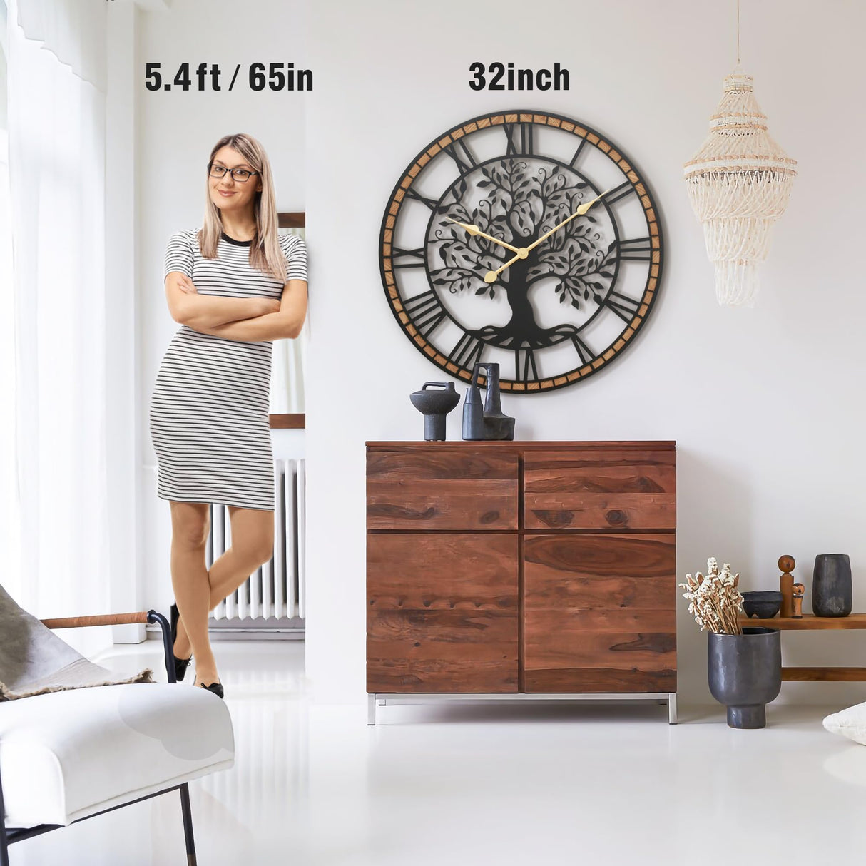 Micasso 32 in Large Tree of Life Wall Clock, Metal Black Modern Wall Clock with Solid Wood Frame, Oversized Non-Ticking Battery Operated Silent Clock for Office,Living Room,Kitchen Micasso