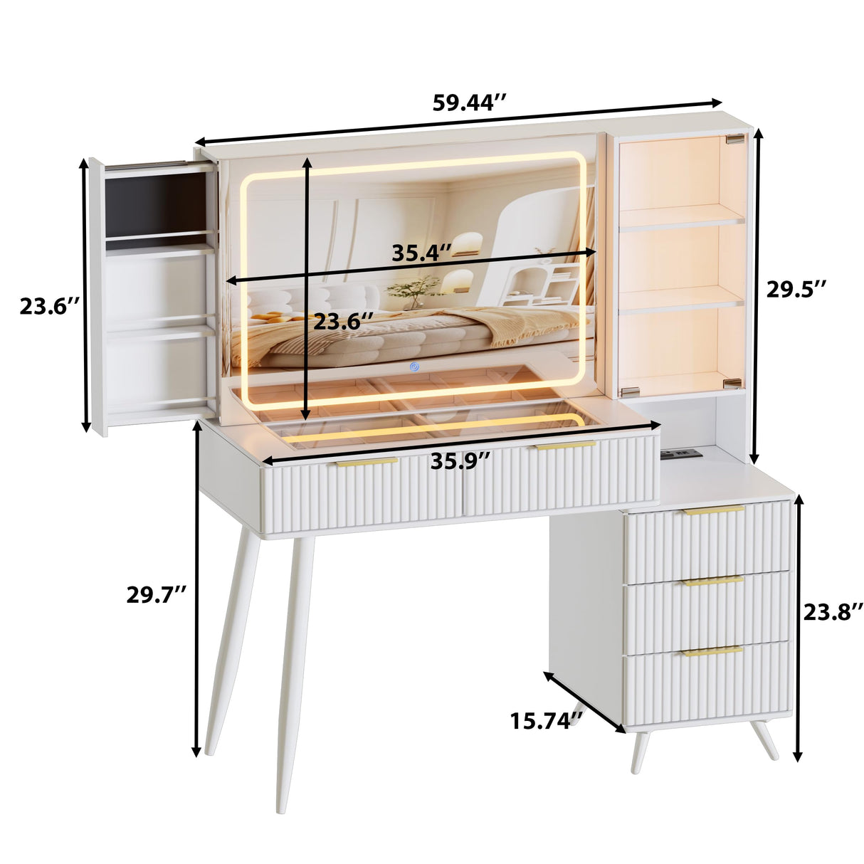 FURNJOYLIFE Makeup Vanity Desk with Mirror and Lights & Charging Station,Modern Glass Top Big Vanity Table with 5 Drawers,Sliding Storage Wall-Mounted Jewelry,3 Shelves for Bedroom,White FURNJOYLIFE
