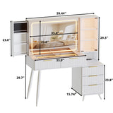 FURNJOYLIFE Makeup Vanity Desk with Mirror and Lights & Charging Station,Modern Glass Top Big Vanity Table with 5 Drawers,Sliding Storage Wall-Mounted Jewelry,3 Shelves for Bedroom,White FURNJOYLIFE