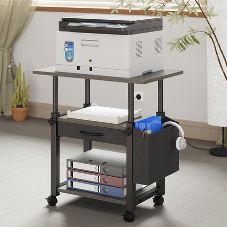 YAOHUOO 22"x15" Large Printer Stand with Storage Drawer and Side Bag, 3-Tier Height Adjustbale Printer Cart for Home Office, Rolling Printer Table fit Heat Press/Laser printer/3D Printer(Grey) YAOHUOO