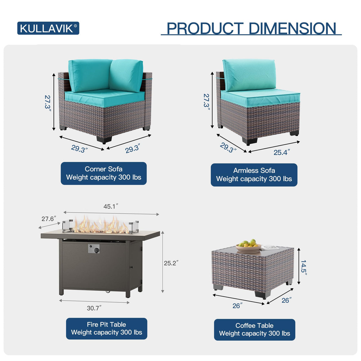 Kullavik 13 Pieces Outdoor Patio Furniture Set with 55000BTU Gas Propane Fire Pit Table,PE Wicker Rattan Sectional Sofa Patio Conversation Sets,Swivel Rocking Chairs Set,Blue Kullavik