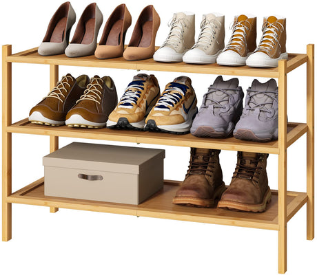 kiplant 3-Tier Shoe Rack for Closet, Bamboo Wood Shoe Rack for Indoor & Outdoor, Stackable Shoe Organizer for Entryway (Natural, 3-Tier) kiplant