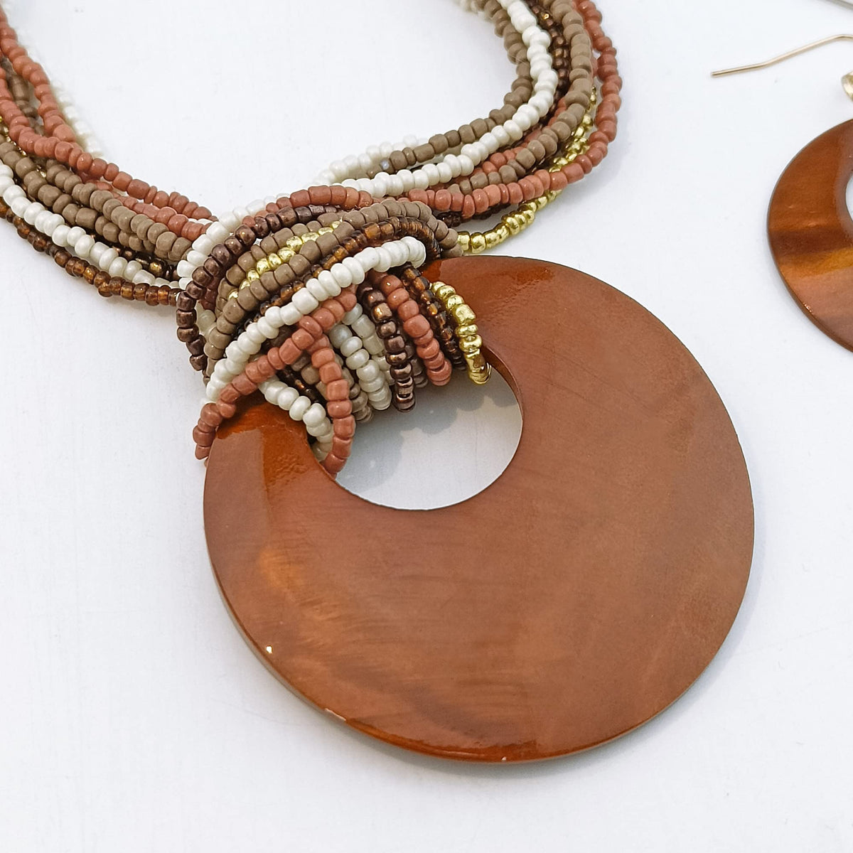 Coiris Multi Strand Statement Colorful Beaded Necklace with Big Circle Shell Pendant for Women (N0055-Dark Brown) Coiris