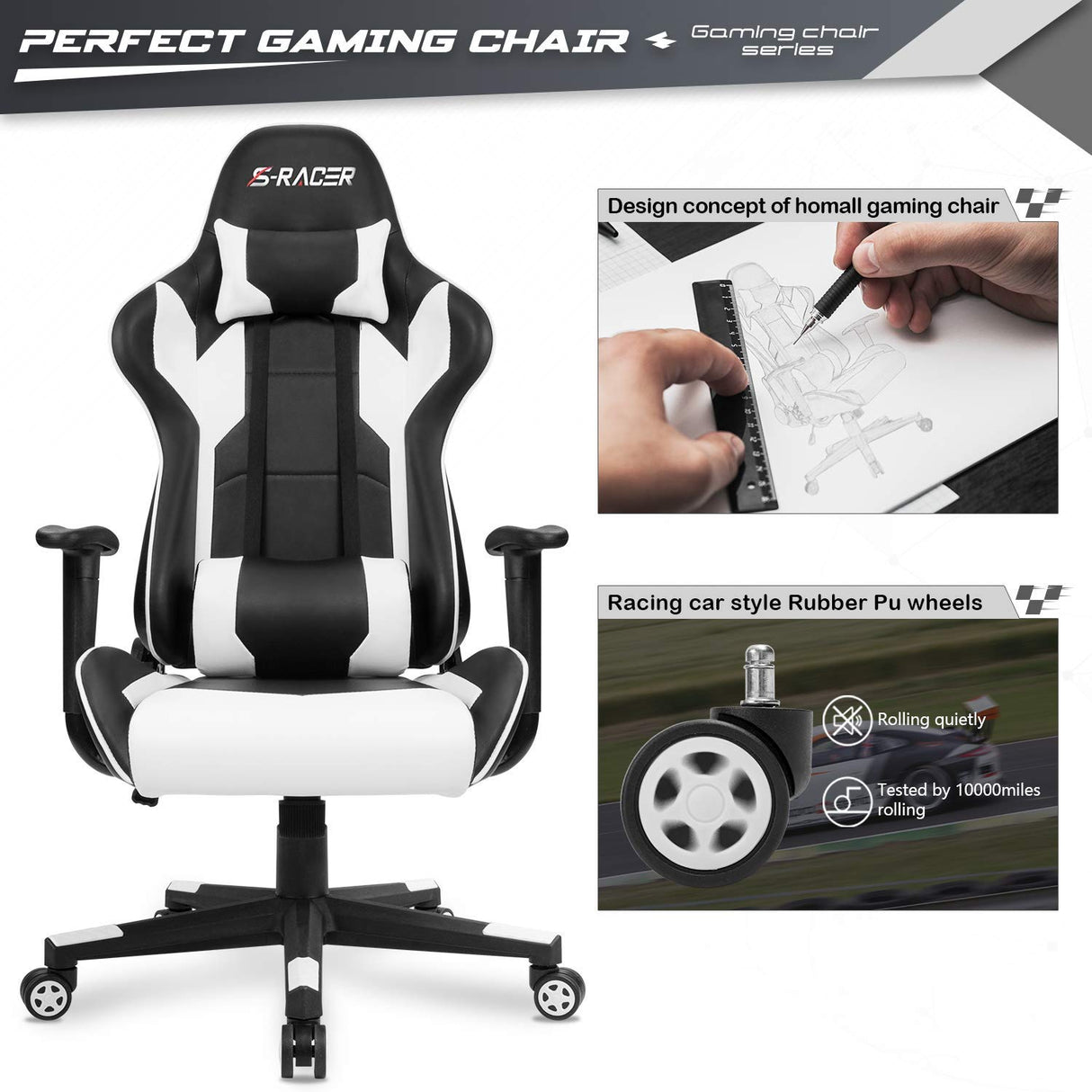 Furniwell Gaming Chair PU Leather Office Chair High Back Computer Chair Desk Chair Adjustable Swivel Racing Executive Leather Ergonomic Task Chair with Headrest and Lumbar Support (White) Furniwell