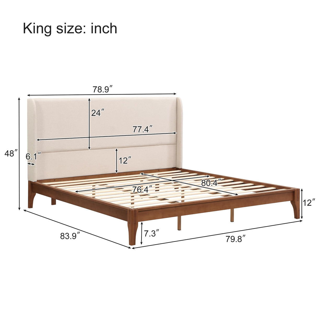 Merax King Size Bamboo Platform Bed, Mid-Century Bed Frame with Tall Upholstered Headboard, Wood Slat Support, No Box Spring Needed, Easy Tool-Free Assembly, Beige+Brown Merax