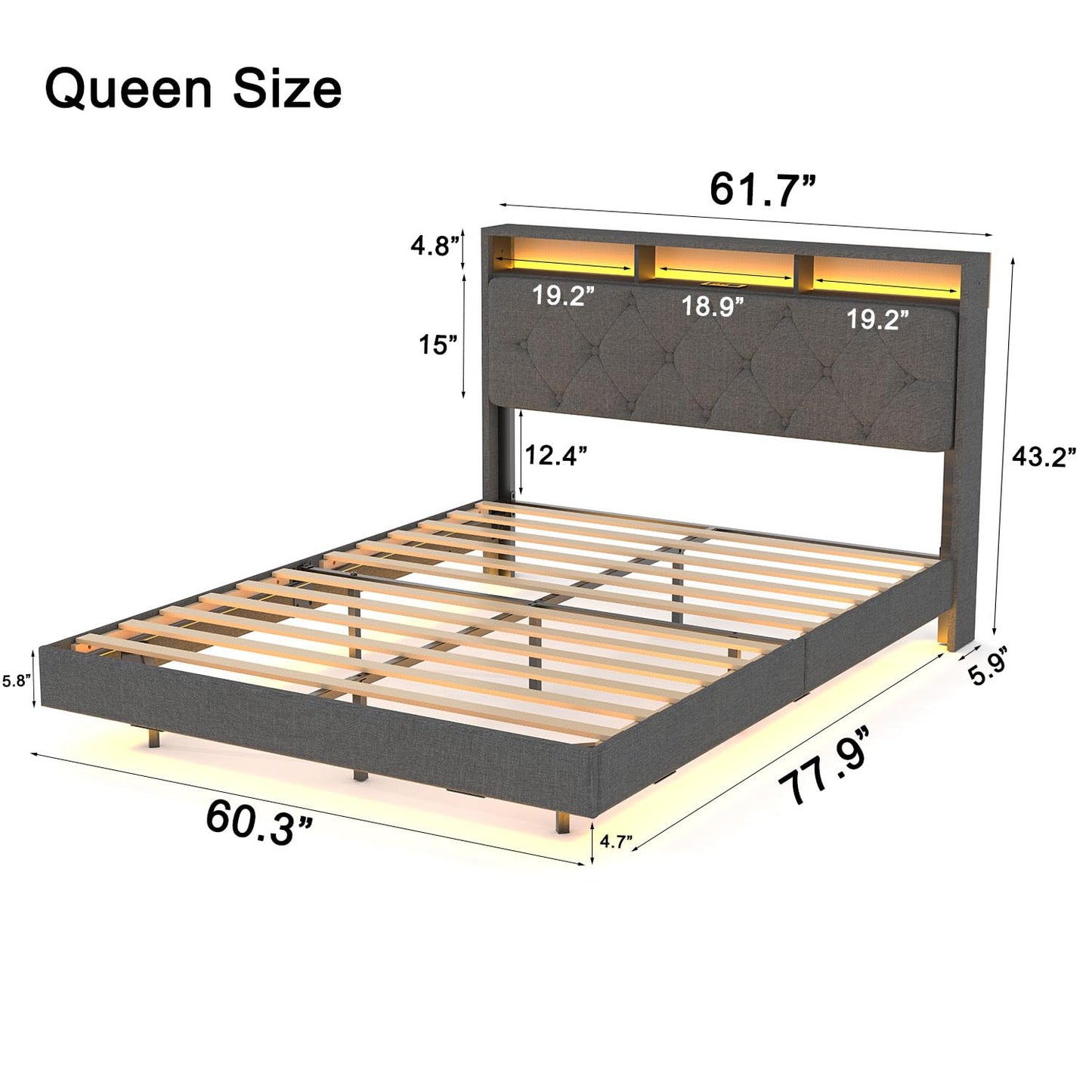 SAVOLIFE Grey Queen Size Floating Bed Frame with LED Headboard and Charging Station - WoodArtSupply