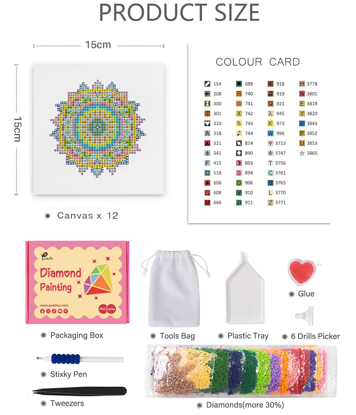 PeakLuv 12pcs Mandala Small Diamond Art Kits Small Diamond Painting Kits, Flowers Mini Diamond Art Kits for Beginners, Square Drill Mini Gem Painting 1-Hour Painting for Home Desktop Decor, 6X6in PeakLuv