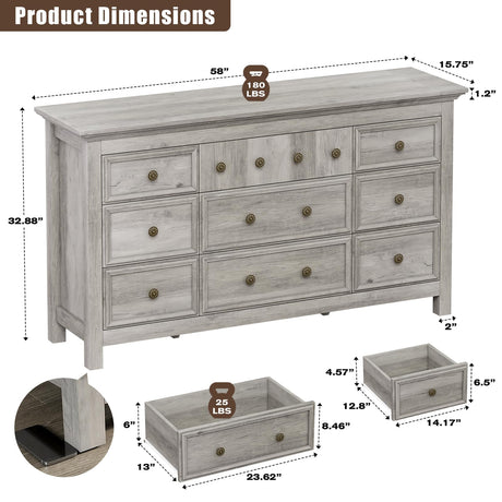 LGHM Dressers for Bedroom with 9 Drawers, 9 Drawer Dresser with Textured Borders, 58" W Chest of Drawers Closet Organizers and Storage Clothes - 6" Deep Drawer for Bedroom, Living Room,Gray LGHM