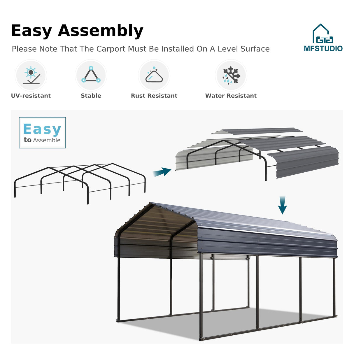 MFSTUDIO Carport 10x15 ft, Outdoor Heavy Duty Carports with Sidewalls, Metal Shed Canopy Shelters Garage Shelter Shade Car Ports with Galvanized Roof for Cars, Truck and Boats MFSTUDIO