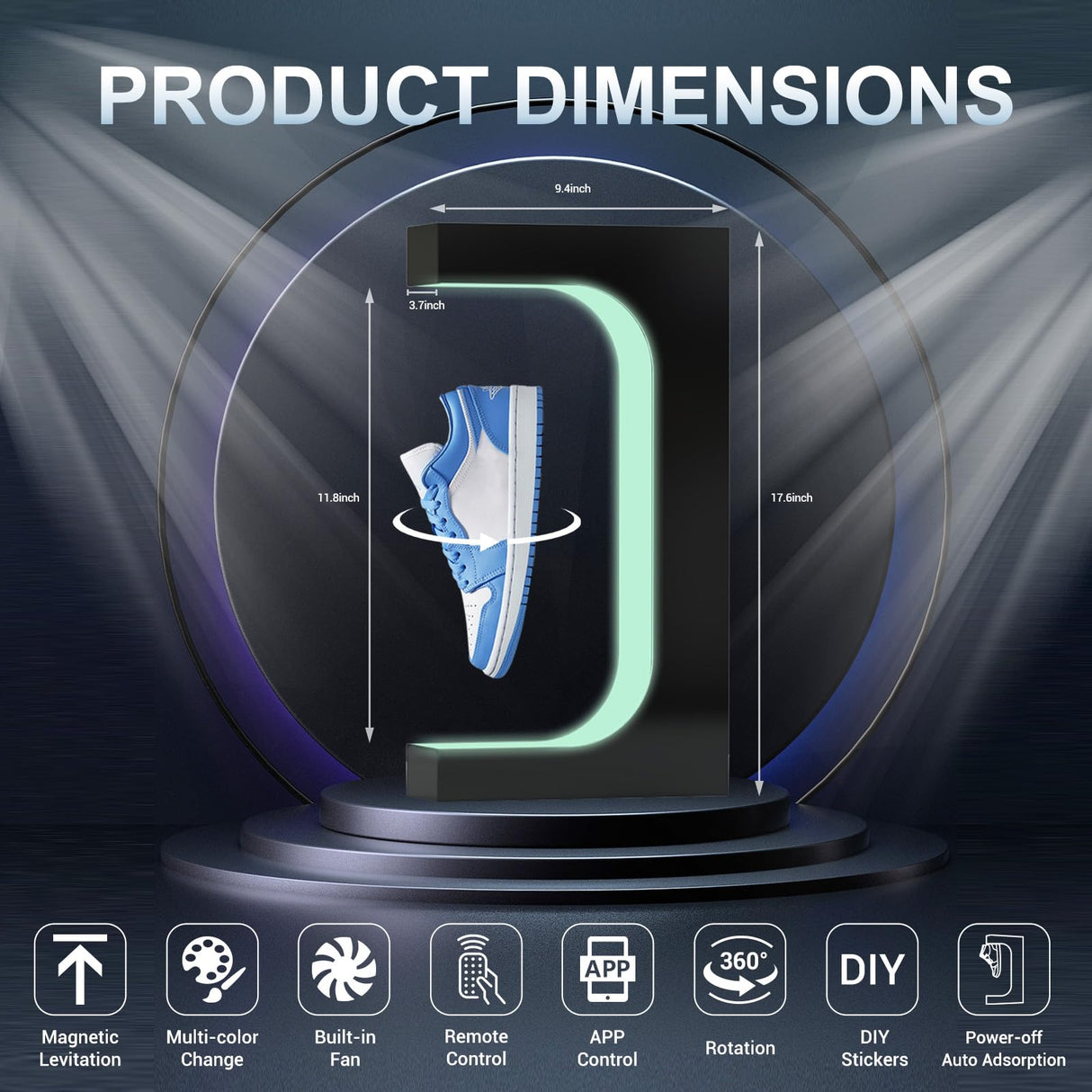 Levitating Sneaker Display, Magnetic Floating Shoe Display Stand with 360° Auto Rotation & LED Light, Levitation Sneaker Holder Rack for Shoes Collector/Advertising Exhibition/Home Decoration, Black WHDPETS