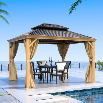 10' X 12' Outdoor Hardtop Gazebo Wooden Finish Coated Aluminum Frame Gazebo with Galvanized Steel Double Roof Permanent Metal Pavilion with Curtains and Netting - Wood Brown