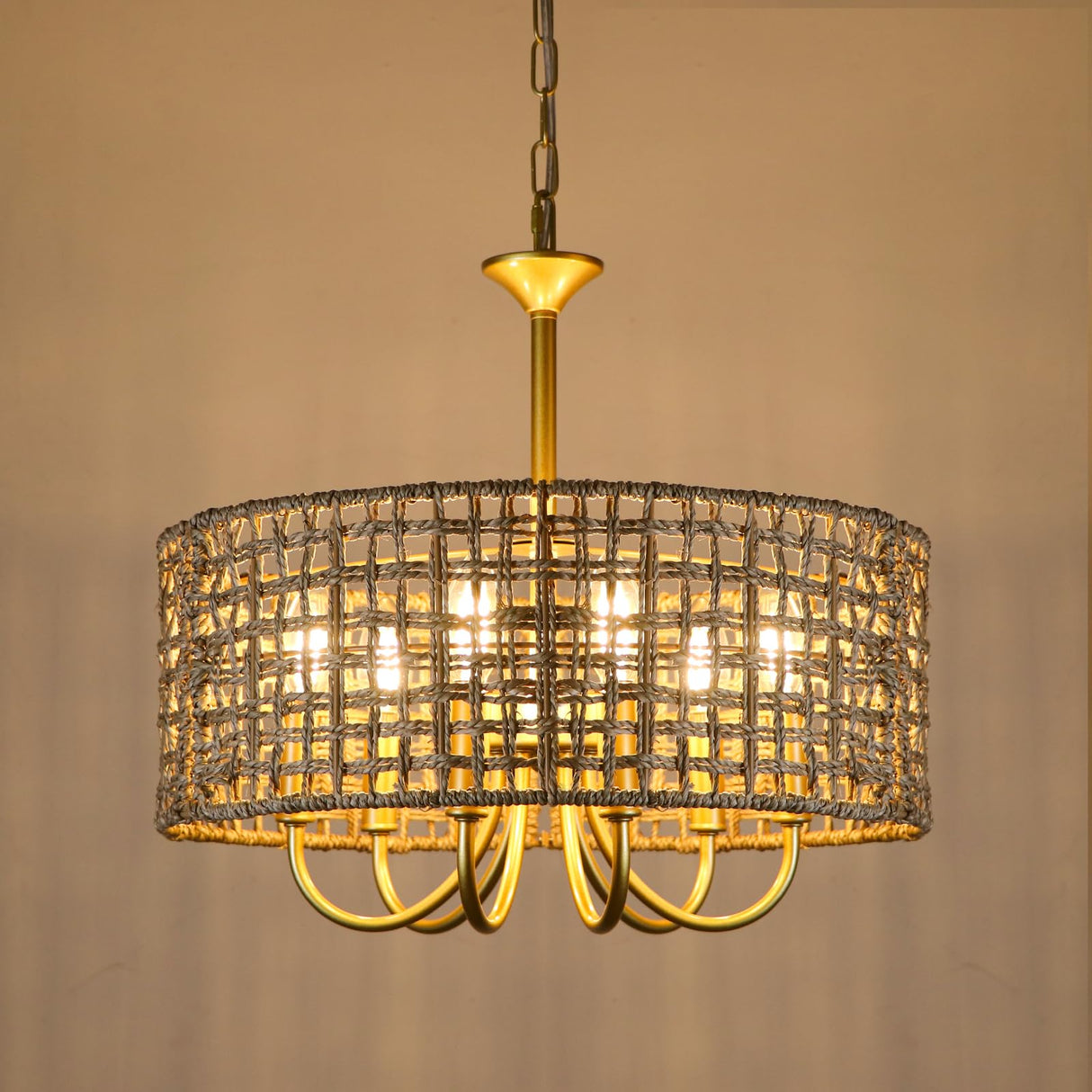 WBinDX 6-Light Boho Large Rattan Chandelier for Dining Room, Seagrass Gold Chandelier with Hand Woven Wicker Shade, Farmhouse Drum Hanging Pendant Light Fixture for Living Room Hallway Foyer WBinDX