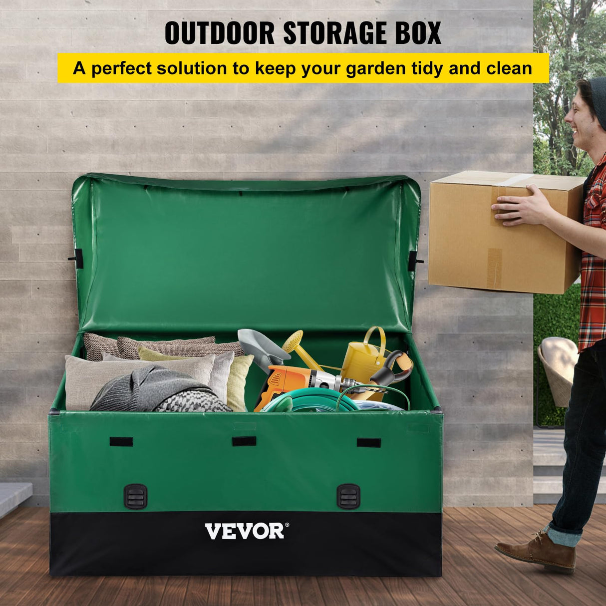 VEVOR Outdoor Storage Box, 230 Gallon Waterproof PE Tarpaulin Deck Box w/Galvanized Frame, All-Weather Protection & Portable, for Camping, Garden, Poolside, and Yard, Black & Green VEVOR