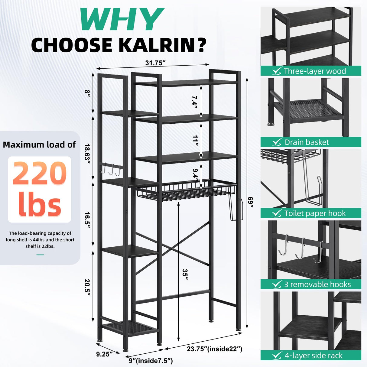 Kalrin Over The Toilet Storage Rack with Extra Side Shelves, 4-Tier Bathroom Over Toilet Storage with Adjustable Shelf & Drain Basket, Freestanding Bathroom Organizer for Balcony, Laundry(Pure Black) Kalrin