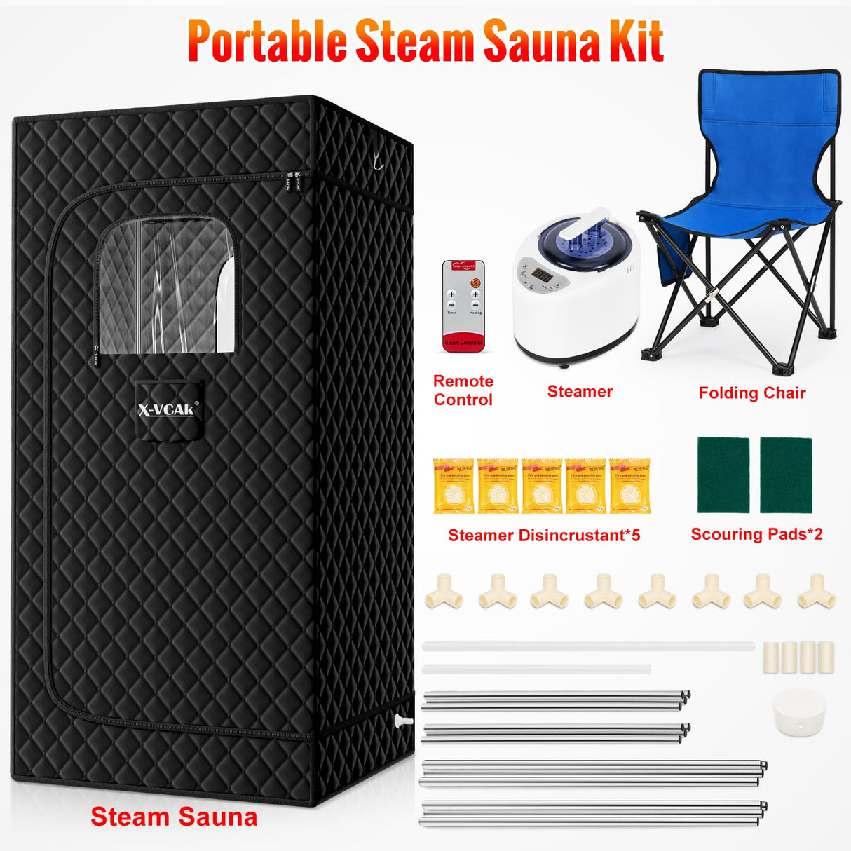 X-Vcak Portable Steam Sauna, Portable Sauna for Home, Sauna Tent Sauna Box with 2.6L Steamer, Remote Control, Folding Chair, 9 Levels, Black, 2.6’ x 2.6’ x 5.9’ X-Vcak