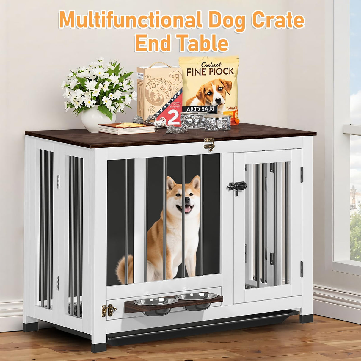 31.5" Dog Crate Furniture - Indoor Wooden Kennel with 360° Rotating Feeder | Multi-Functional End Table for Small & Medium Dogs | Portable Pet Cage with Removable Tray & Easy Assembly LotaTools