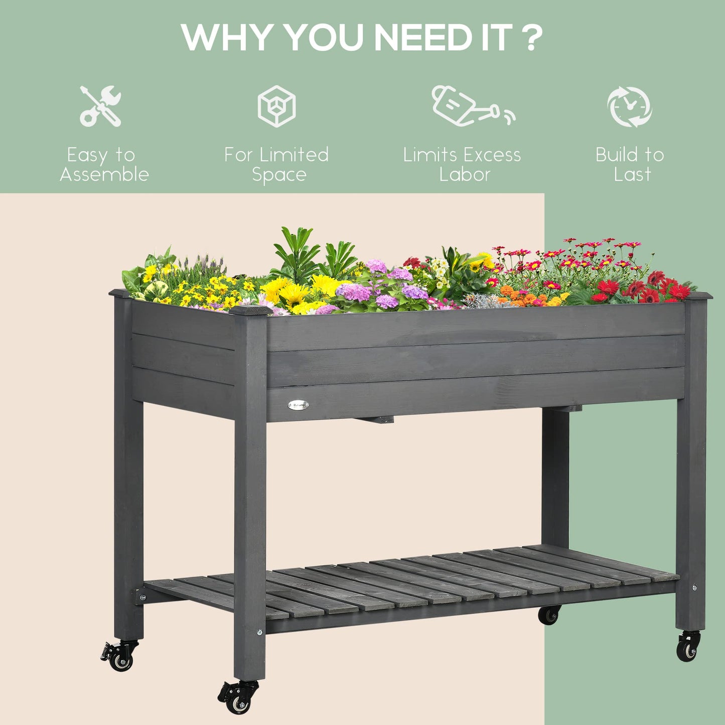 Outsunny Raised Garden Bed, 47" x 22" x 33", Elevated Wooden Planter Box w/Lockable Wheels, Storage Shelf, and Bed Liner for Backyard, Patio, Dark Gray