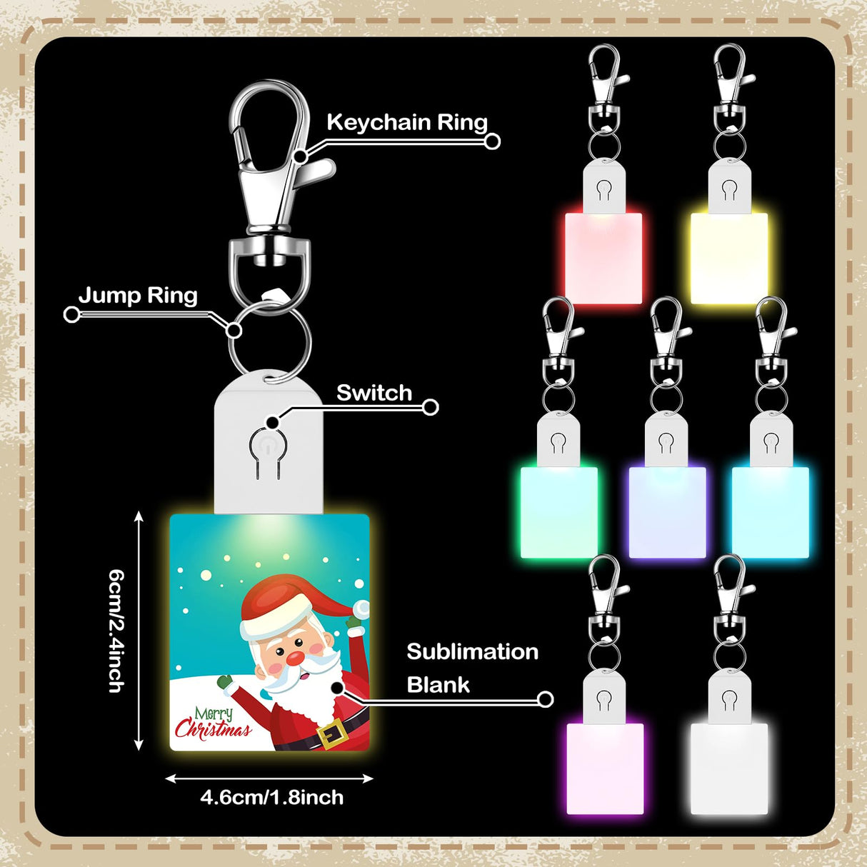Tondiamo 10 Pcs LED Sublimation Blank Keychain Acrylic Lighted Transfer DIY Crafts Fall Thanksgiving Christmas Keychain Gift(Rectangular) Tondiamo