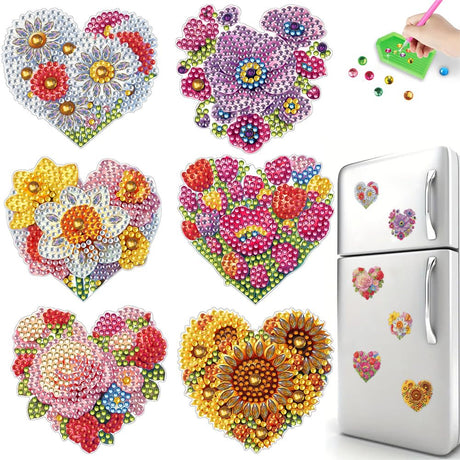 POETRYDRAW 6 Pcs Diamond Painting Magnets Special Shape Heart Flower Diamond Art Stickers Refrigerator Diamond Painting Kits for Fridge Stickers POETRYDRAW