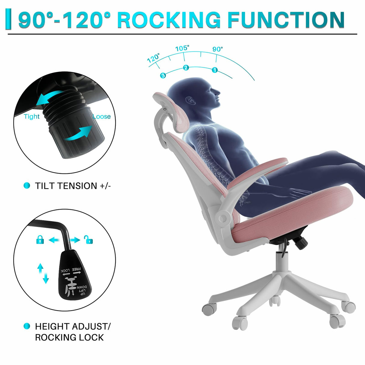 SeekFancy Ergonomic Office Chair M903, High Back Computer Desk Chair with Wheels, Comfy Mesh Office Chair with Adjustable Lumbar Support & Headrest, Pink Swivel Executive Managerial Task Chair SeekFancy