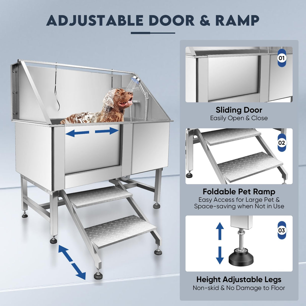 Yokrawpet 62" Pet Dog Bathing Station,Professional Stainless Steel Dog Grooming Tub,Pet Bathing Tub Dog Bathing Station with Faucet Walk-in Ramp Accessories,Commercial or Household use, (Extra Large) Yokrawpet