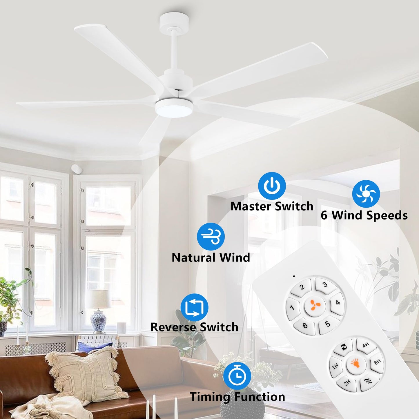 ELEHINSER 52" Modern Ceiling Fan with Light and Remote Control, 5 Solid Wood Blades 6-Speed Noiseless Reversible DC Motor, Ceiling Fan for Bedroom Dinning Living Room, White