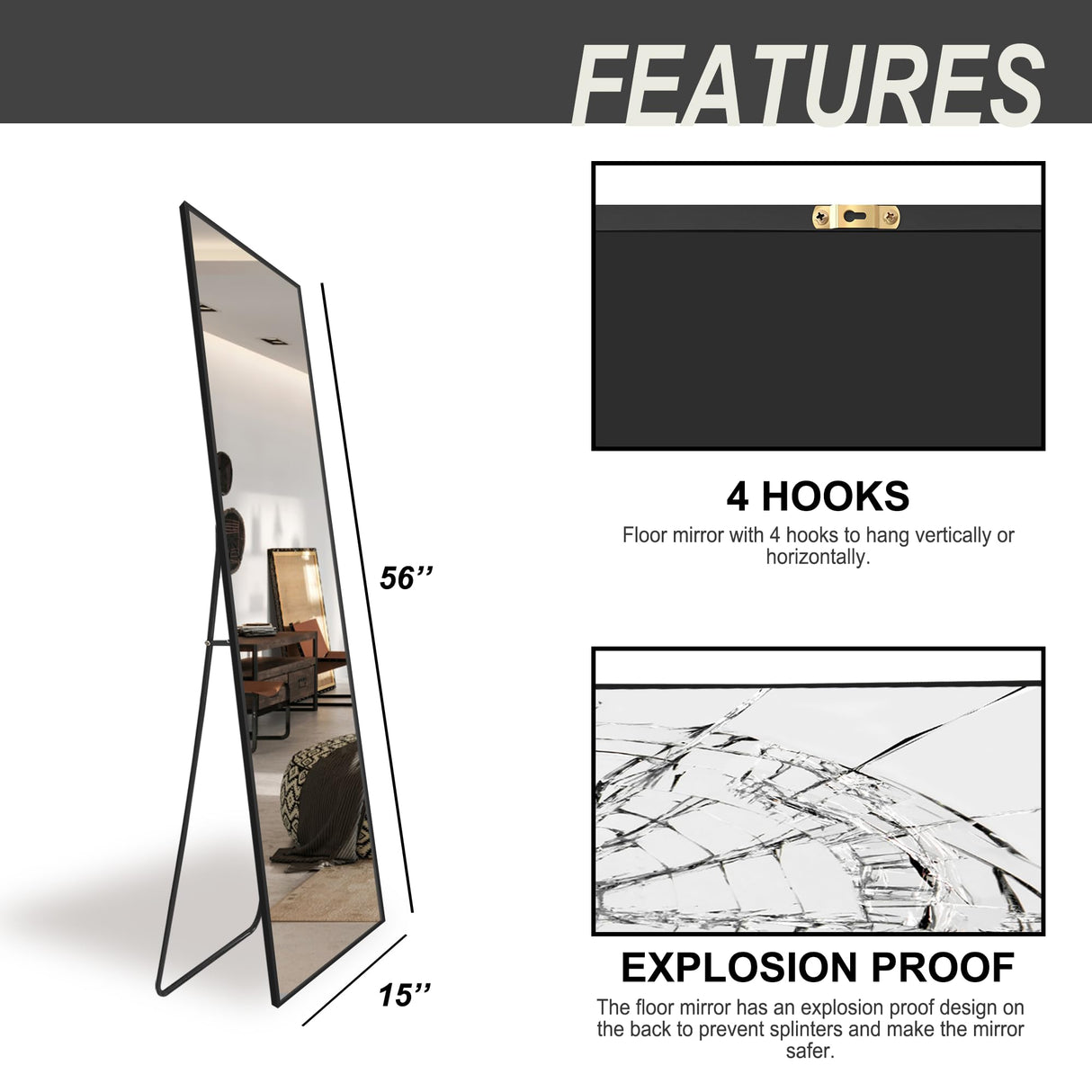 Delma Wall Mirror Full Length Mirror,Standing Mirror Full Body,Large Floor Mirror for Wall Door Bedroom Bathroom Living Room with Aluminium Frame(with Stand,56x15-Black) Delma