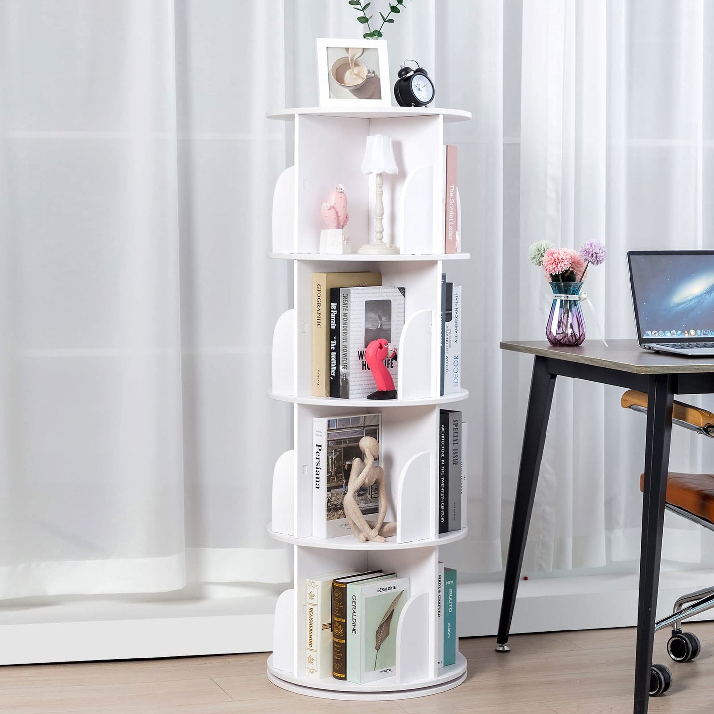 Roowest 4-Tier 360° Rotating White Bookshelf – Space-Saving Corner Bookcase Organizer - WoodArtSupply