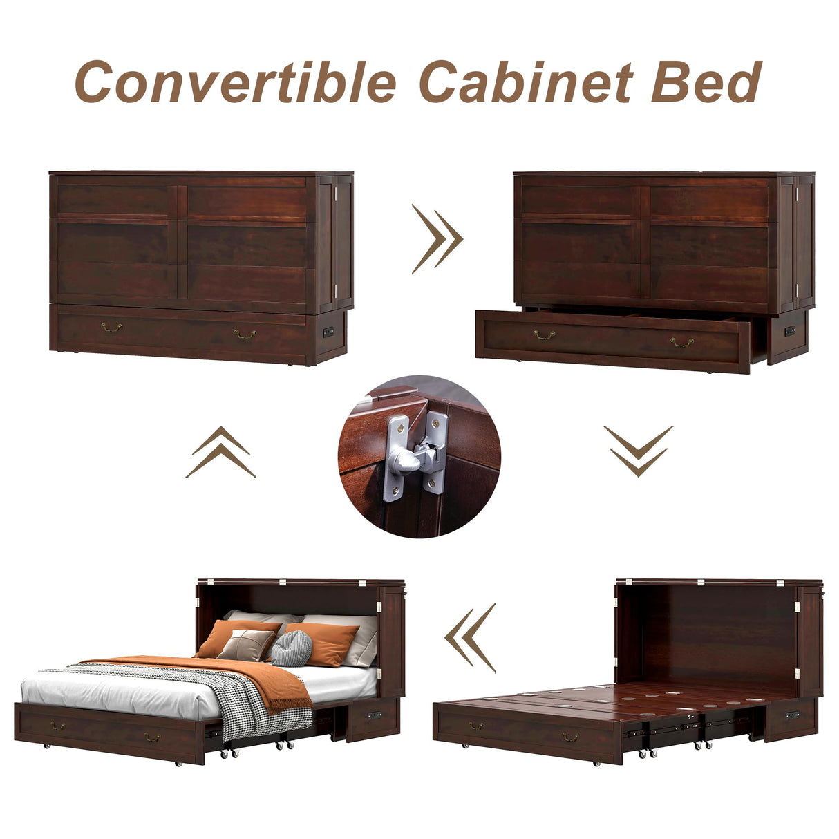 Keloyid Solid Wood Murphy Bed Cabinet：Queen Size Murphy Bed with USB Charging Station and Large Storage Drawer for Home，Optimize Sleeping Space（Mattress Not Included） Deep Brown Red-7 Keloyid