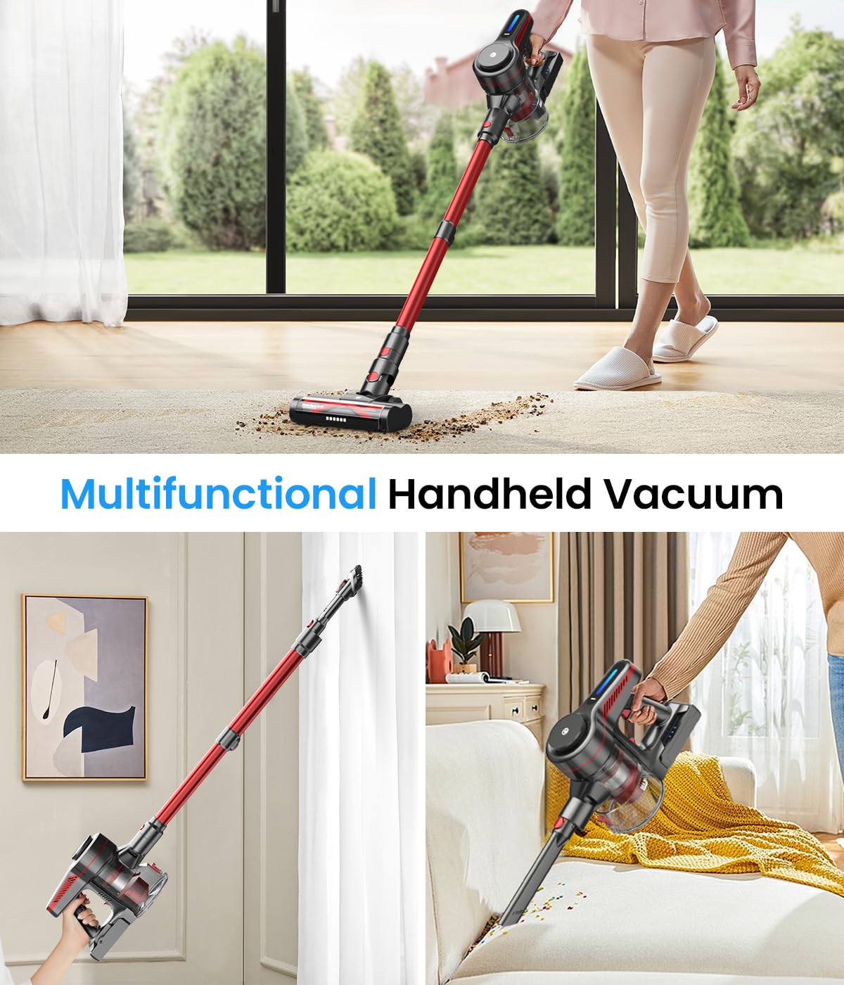 CHEBIO Cordless Vacuum Cleaner, Stick Vacuum with Powerful Suction, 45Mins Runtime Vacuum Cleaners for Home, Anti-tangle and 1.5L Dust Cup, 6 in 1 Lightweight Vacuum for Hardwood Floor Carpet Pet Hair CHEBIO
