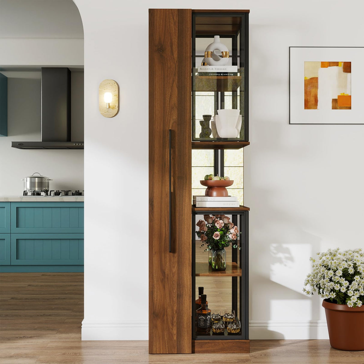 Display Cabinet with Double Glass Door, Diagonal Mirror, 6-Tier Pull-Out Shelf & Cordless Rechargeable LED 70'' Tall Lighted Display Cabinet for Curio, Collectibles with Storage Wood Finish Brown JOYSOURCE